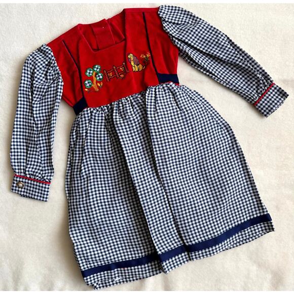 Vintage 90s Piano Kids Fashion Dress Girls 4T Gingham Check Corduroy Embroidered - Picture 1 of 4